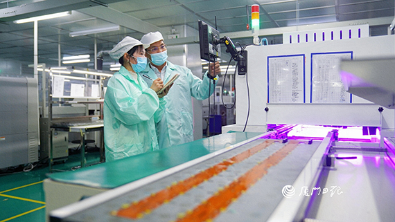 李晓平(左)深入柔性电子生产车间，了解车用软板的生产工序。.jpg